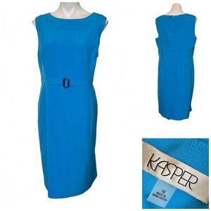 Kasper Blue Sleeveless Belted Sheath Dress Size 16 Turquoise Boat Neck Business